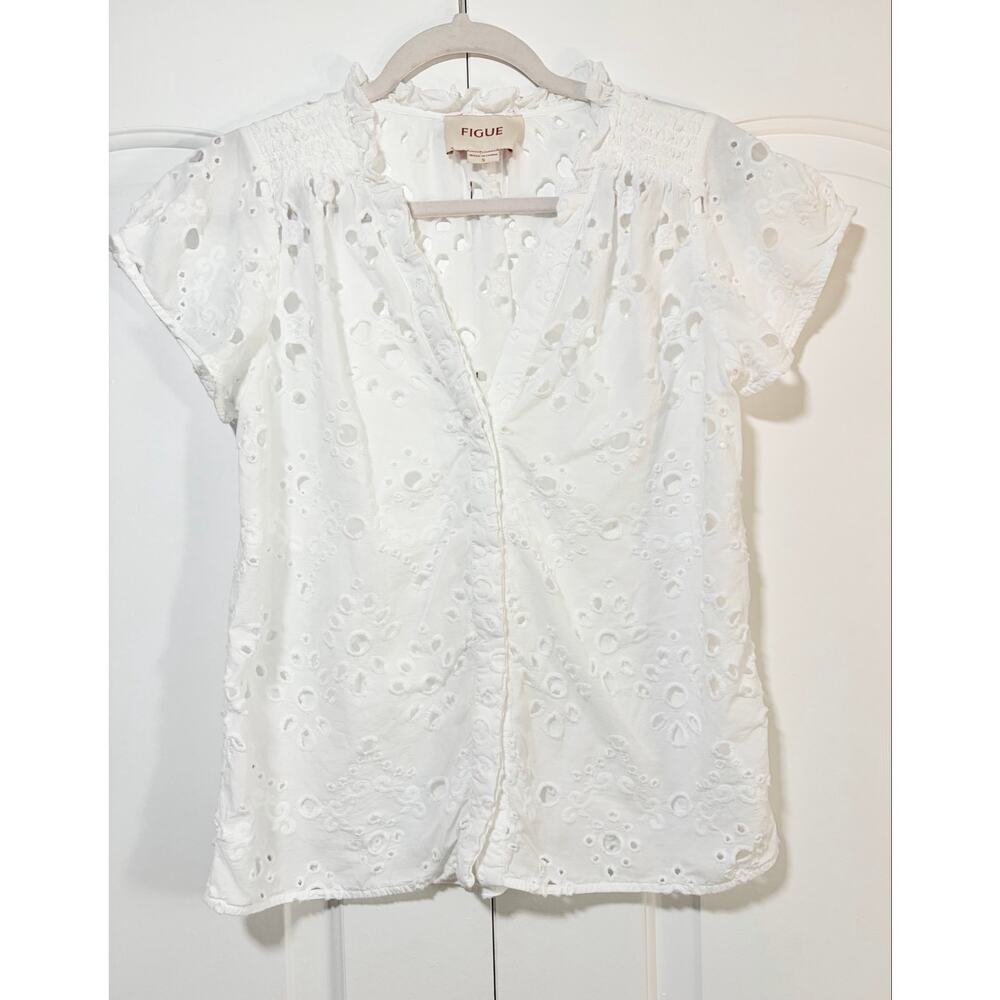 Figue Fia Eyelet Top White Chalk Size S 100% Cotton V Neck Button Blouse - Picture 2 of 9